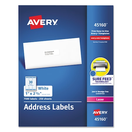 Avery Dennison Label, Laser, 30-Up, White, PK7500 45160
